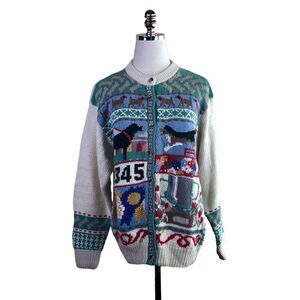 Vintage Orvis Dog Theme Cardigan Novelty Sweater Large Cotton Blend Knit
